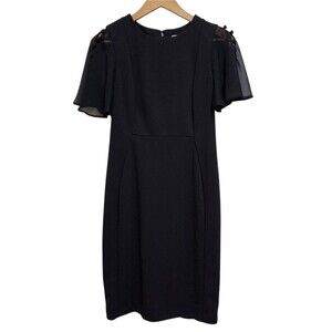 Calvin Klein Dress Sz 10 Black Chiffon Button Flutter Button Sleeve Sheath Party